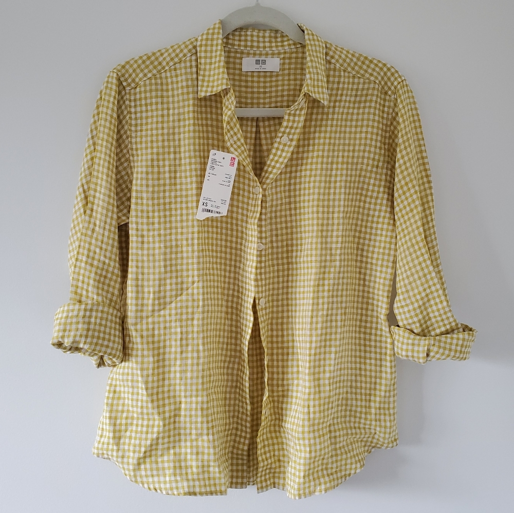 Uniqlo 100% linen gingham blouse size XS